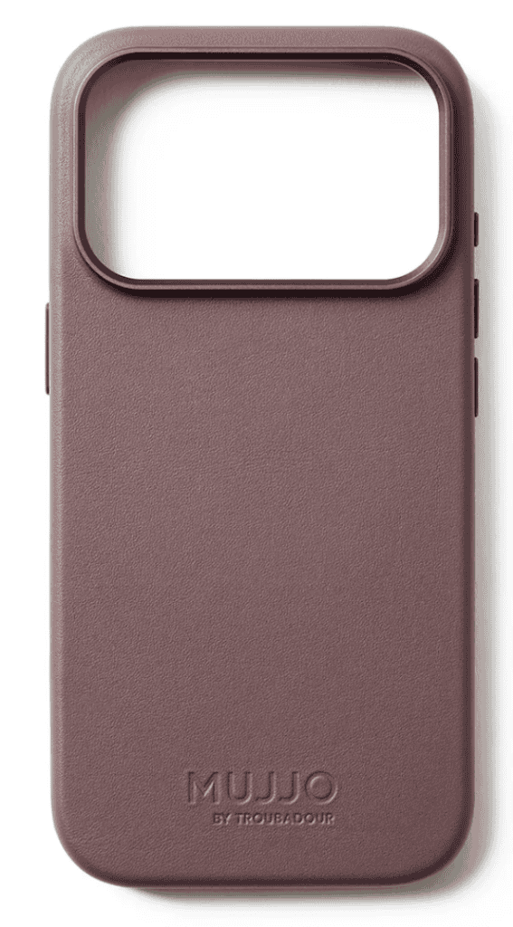 Professional view of a Mujjo Bronze Red leather case, featuring a slim profile and machined metal button accents.