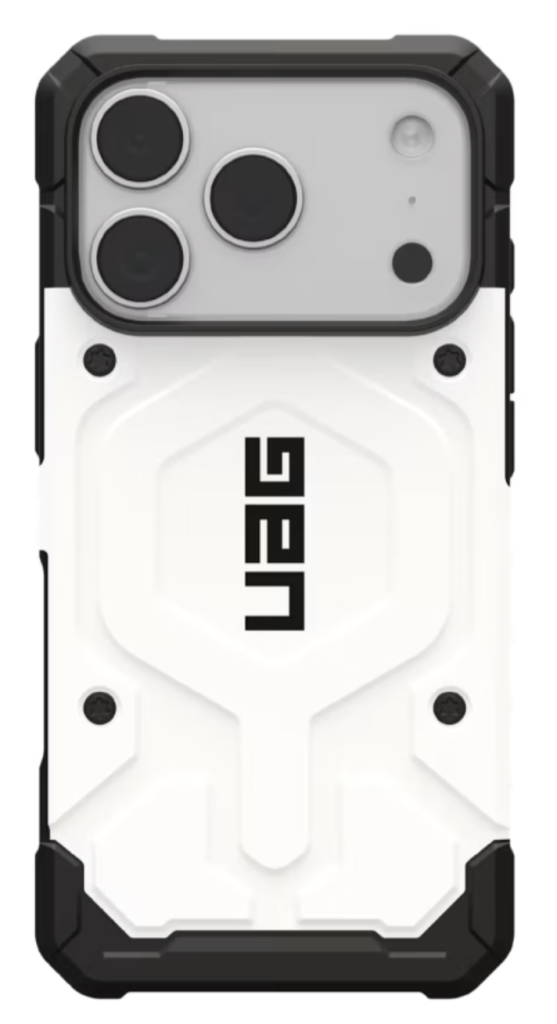 An architectural White UAG Pathfinder case featuring a military-grade armor shell and tactile side grips.